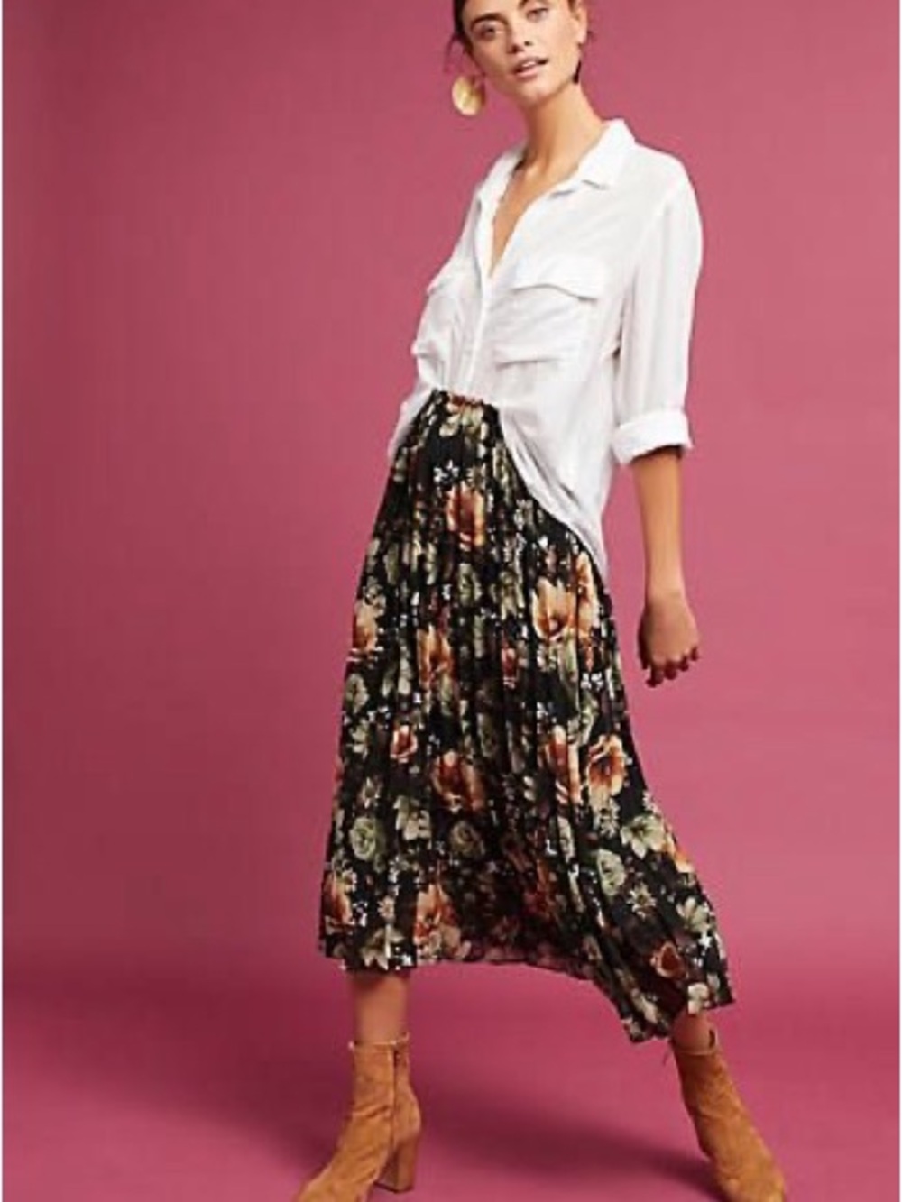 Anthropologie Black Floral Pleated Midi Skirt